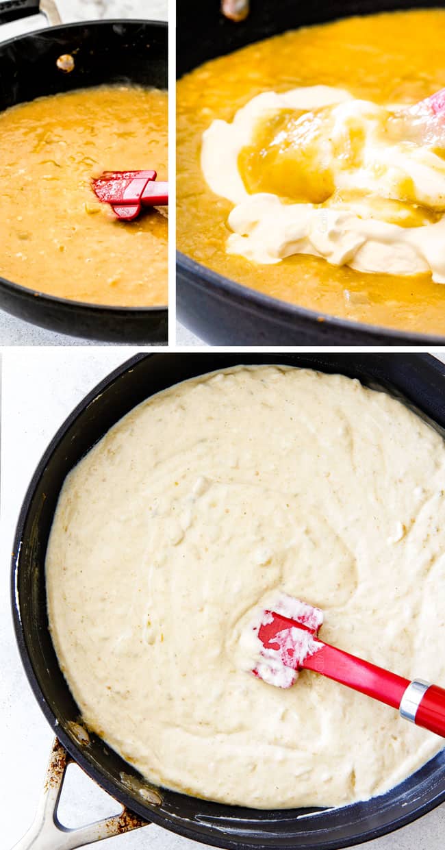 a collage showing how to make Green Chile Chicken Enchiladas by making green chile sauce by starting with a roux, adding broth and salsa verde followed by sour cream