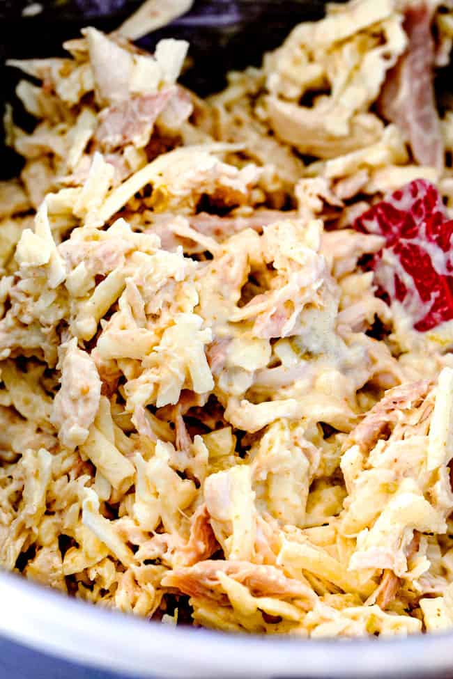 up close of mixing filling ingredients together for Green Chile Chicken Enchiladas.