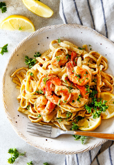 20 MINUTE Lemon Garlic Shrimp Fettuccine is wonderfully creamy, bursting with flavor and so easy!ย The most gourmet tastingย dinner you can make in under 30 minutes!