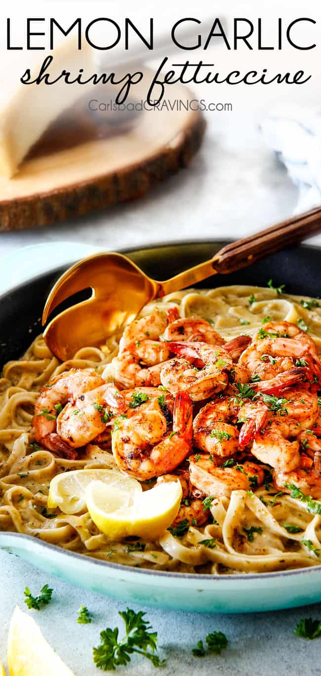 20 MINUTE Lemon Garlic Shrimp Fettuccine is wonderfully creamy, bursting with flavor and so easy!ย The most gourmet tastingย dinner you can make in under 30 minutes!