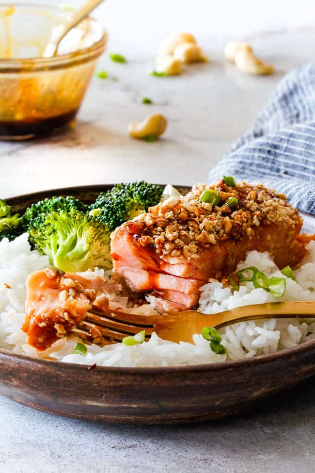a plate of the best honey soy salmon with broccoli and rice