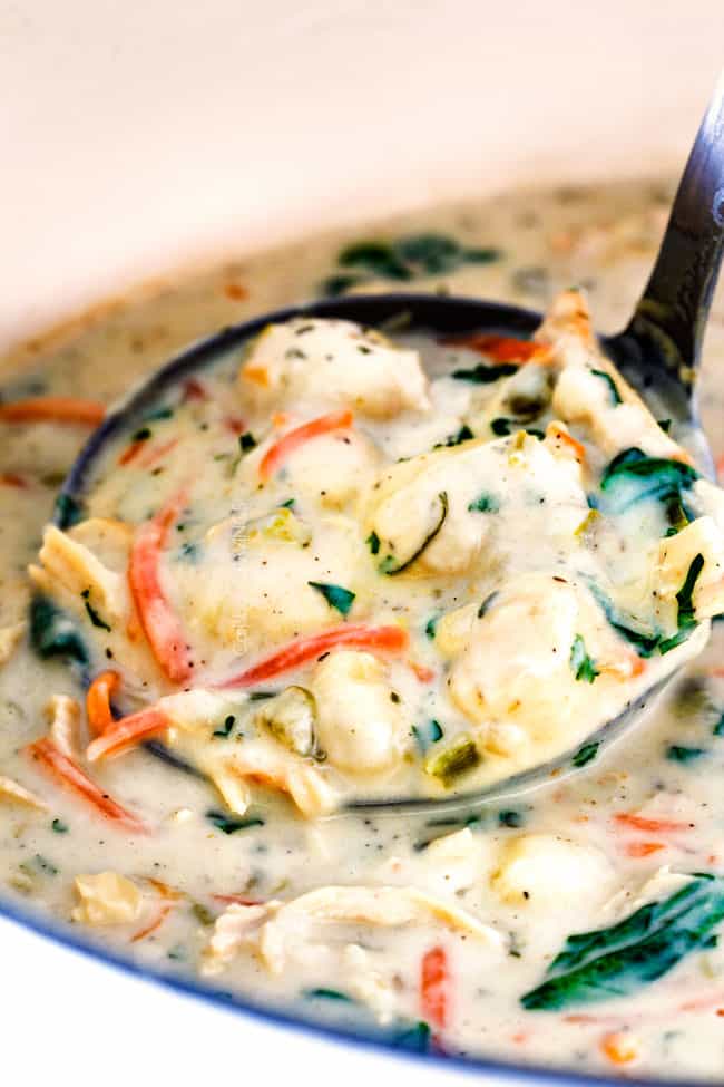 up close of healthy Olive Garden Chicken Gnocchi Soup
