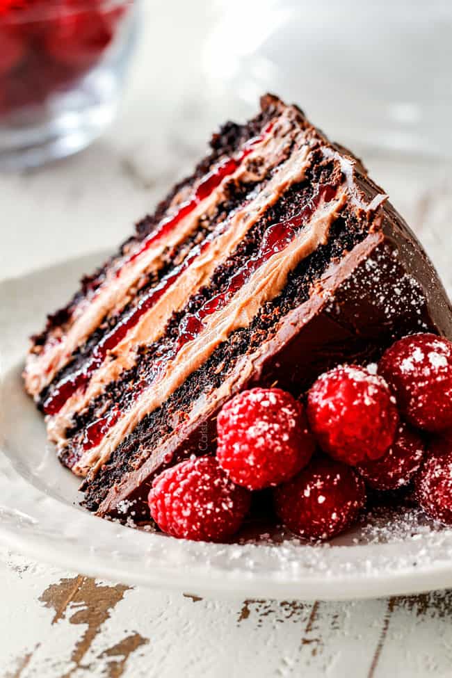 a slice of moist Chocolate Raspberry Cake on its side showing layers of dark chocolate cake, raspberry jam filling, chocolate ganache and chocolate mousse