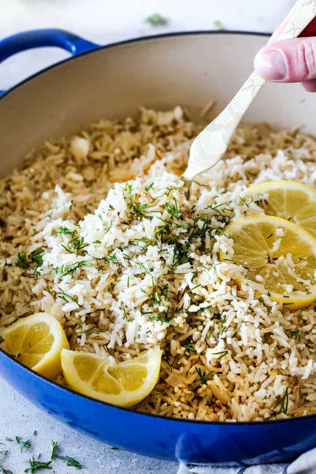 side view of Greek Lemon Rice in a blue skillet