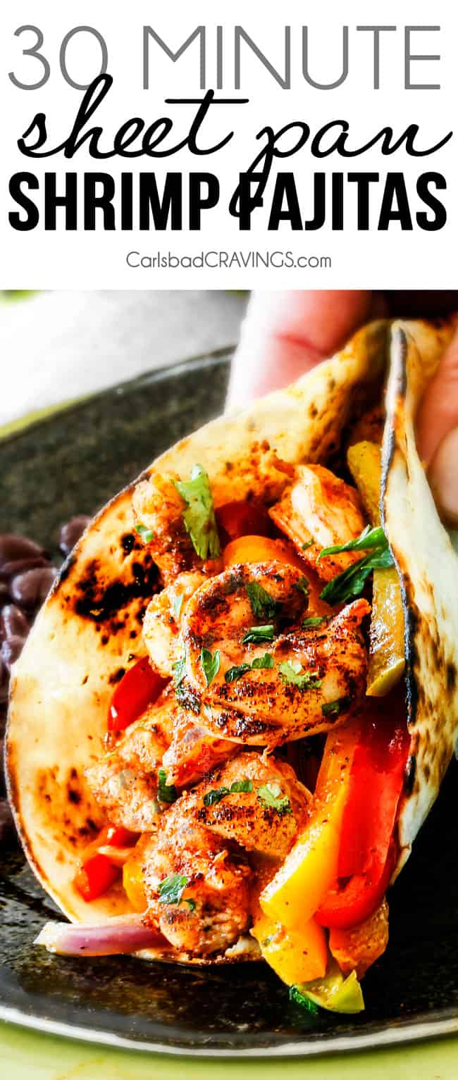 best Shrimp Fajitas in a flour tortilla with cilantro on a metal plate