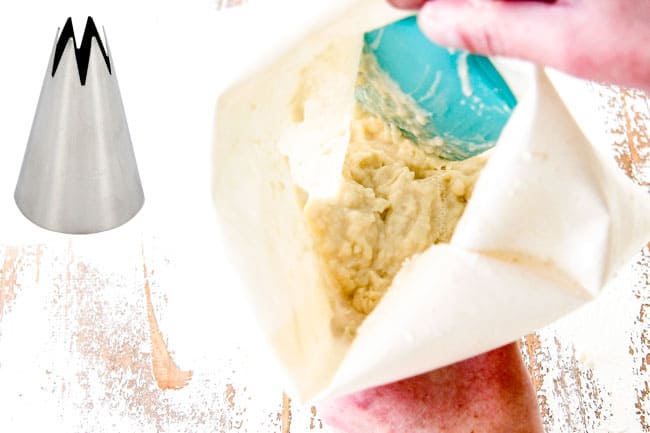 adding churry batter to a pastry bag Showing how to make churros