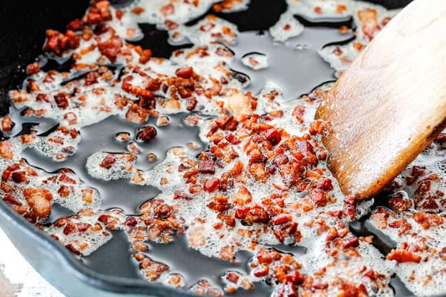 Showing How to make Baked Beans by cooking bacon in a skillet
