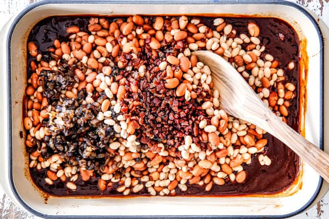 Showing How to make Baked Beans by adding beans, bacon, onions to homemade sauce