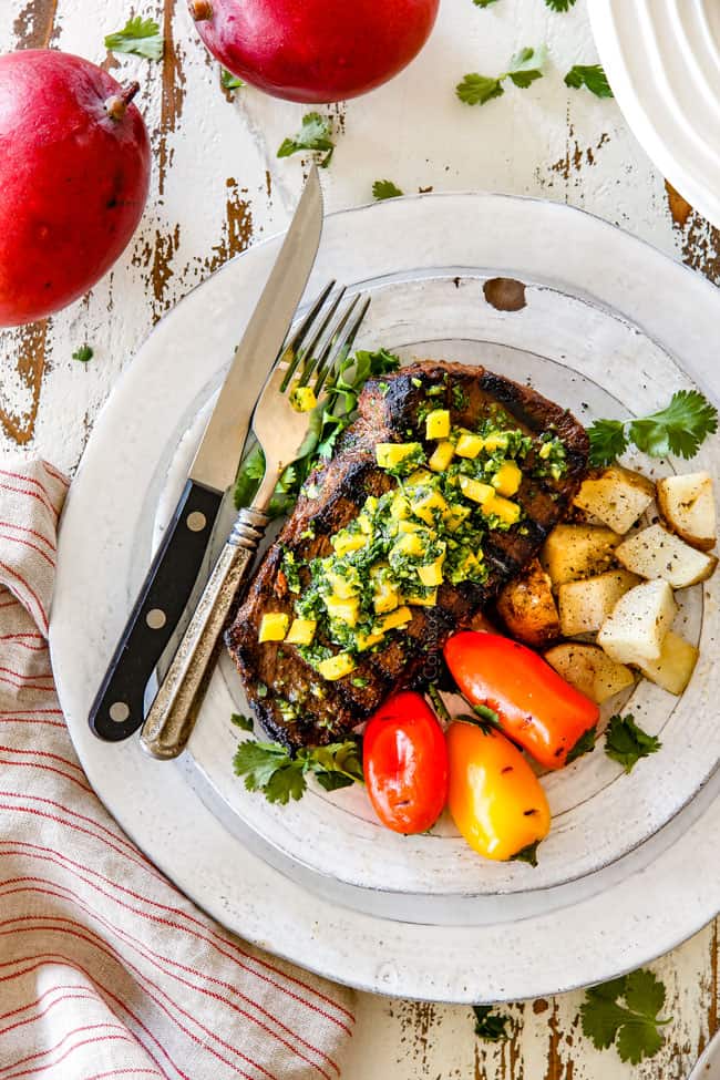 top view of best Chimichurri steak with chimichurri