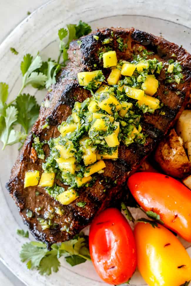top view of easy Brazilian steak with chimichurri