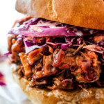 up close of easy brisket sandwich with coleslaw