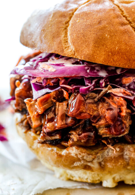 up close of easy brisket sandwich with coleslaw