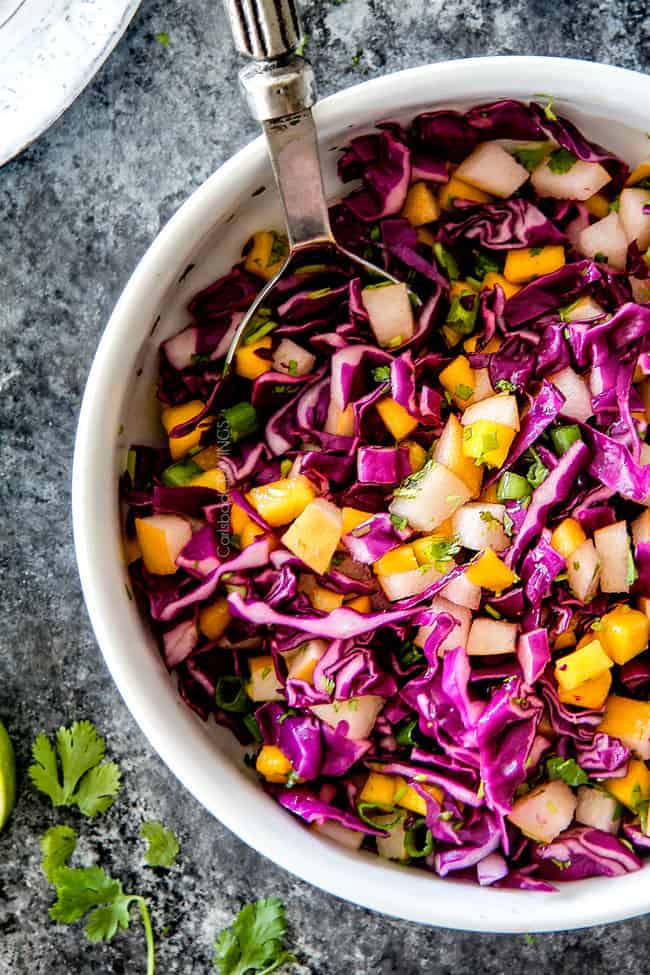 top view of Asian Pear Slaw in a white bowl