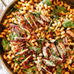 top view of Sun-Dried Tomato Pasta with chicken, spinach and sun-dried tomatoes