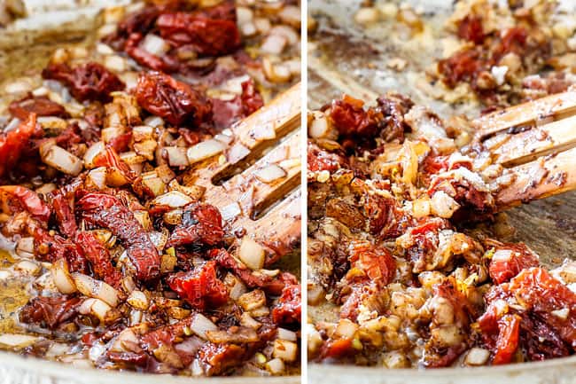 showing how to make Sun-Dried Tomato Pasta by cooking sun-dried tomatoes with garlic and shallots