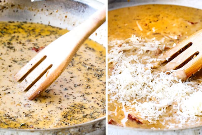 showing how to make Sun-Dried Tomato Pasta by whisking Parmesan into creamy sauce