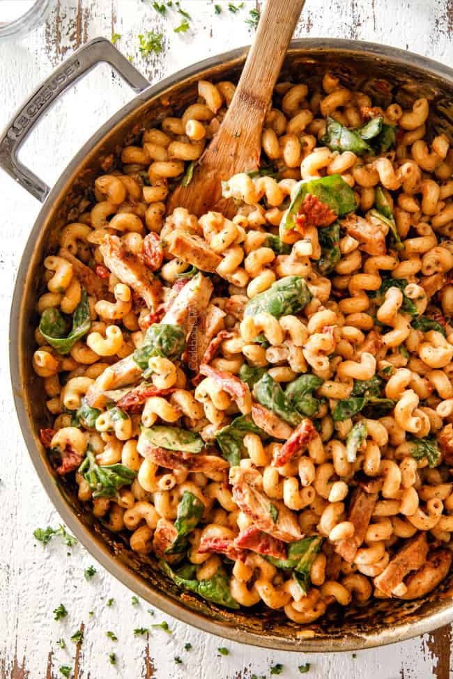top view of Sun-Dried Tomato Pasta with chicken, spinach and sun-dried tomatoes