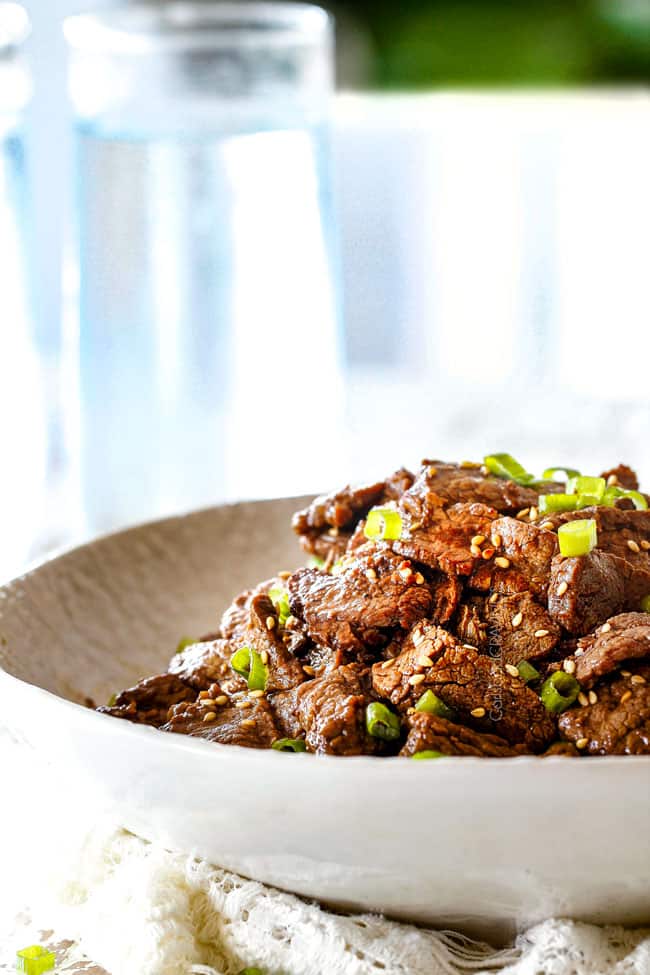 side view of easy Bulgogi recipe in a white dish