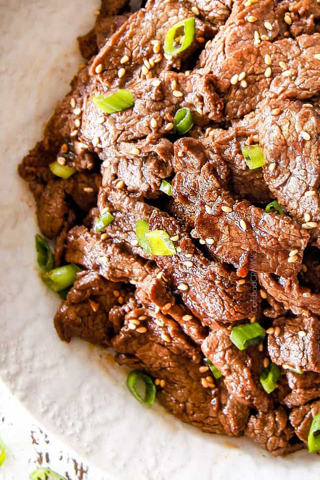 top view of easy eef Bulgogi in a white dish