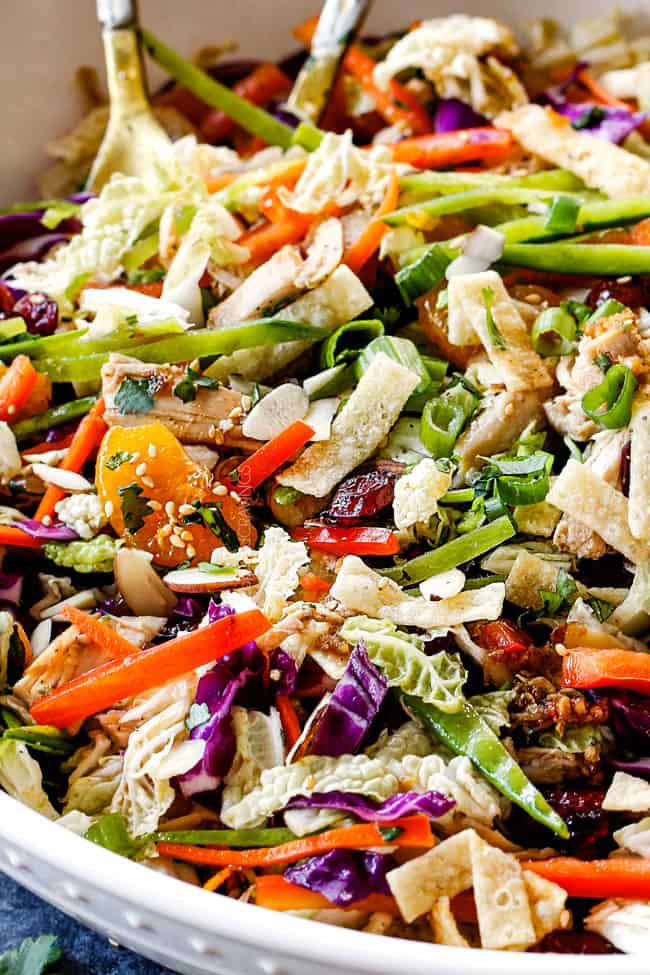 best ever Chinese chicken salad with mandarin oranges, peanuts napa cabbage, wontons, carrots, snow peas, red bell peppers all tossed together with sesame dressing