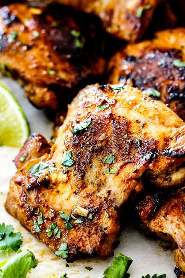 up close of lemongrass chicken with cilantro garnish