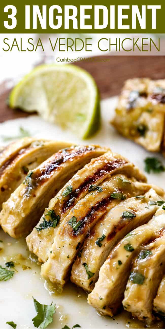 up close of sliced salsa verde chicken on a cutting board