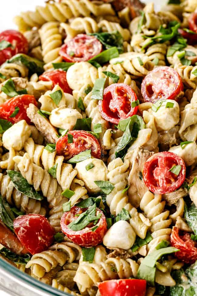 up cols of caprese pasta salad with pesto