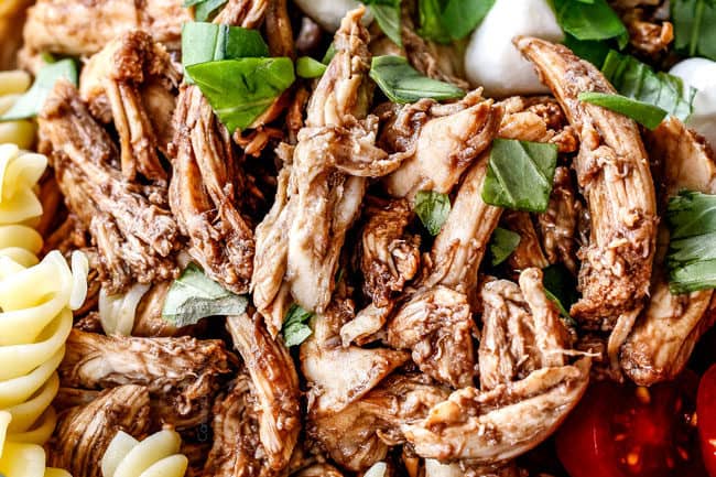 showing how to make caprese pasta salad with chicken