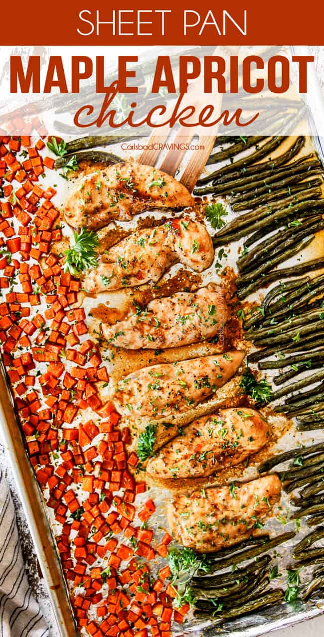 top view of sheet pan chicken and vegetables on a baking sheet