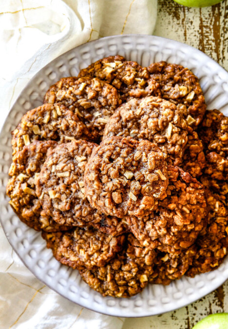 top view of apple oatmeal cookies o a white plate late