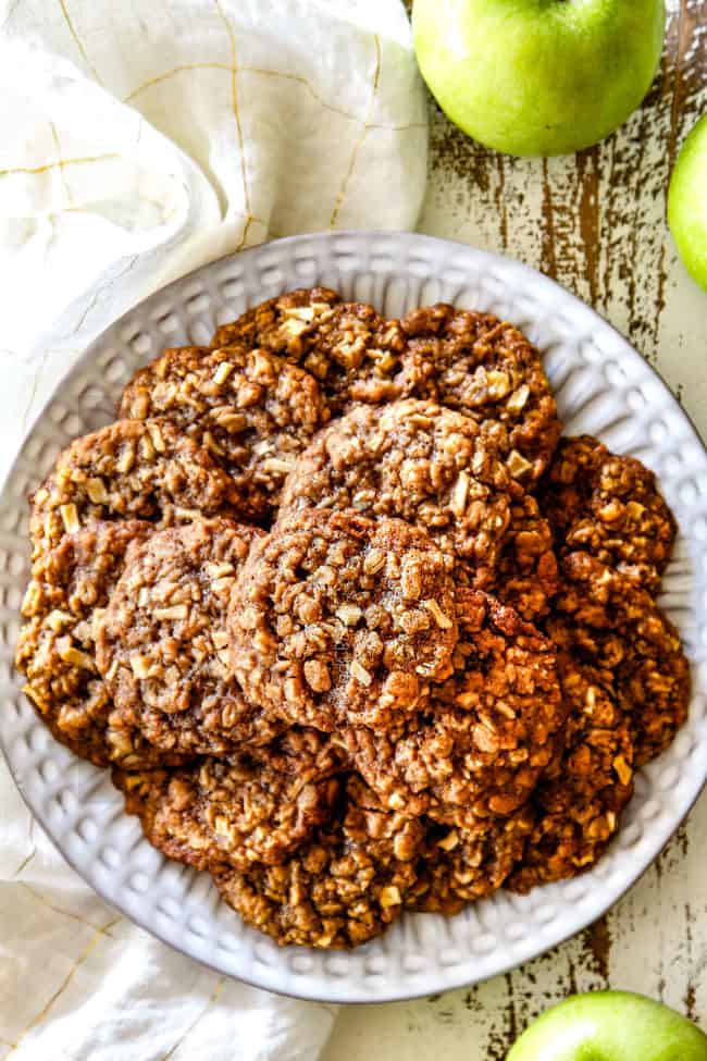 top far away view of oatmeal apple cookies o a white plate late