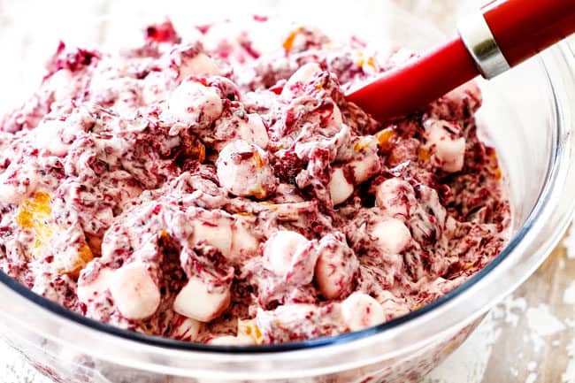 showing how to make ambrosia salad by chilling in the refrigerator for a few hours