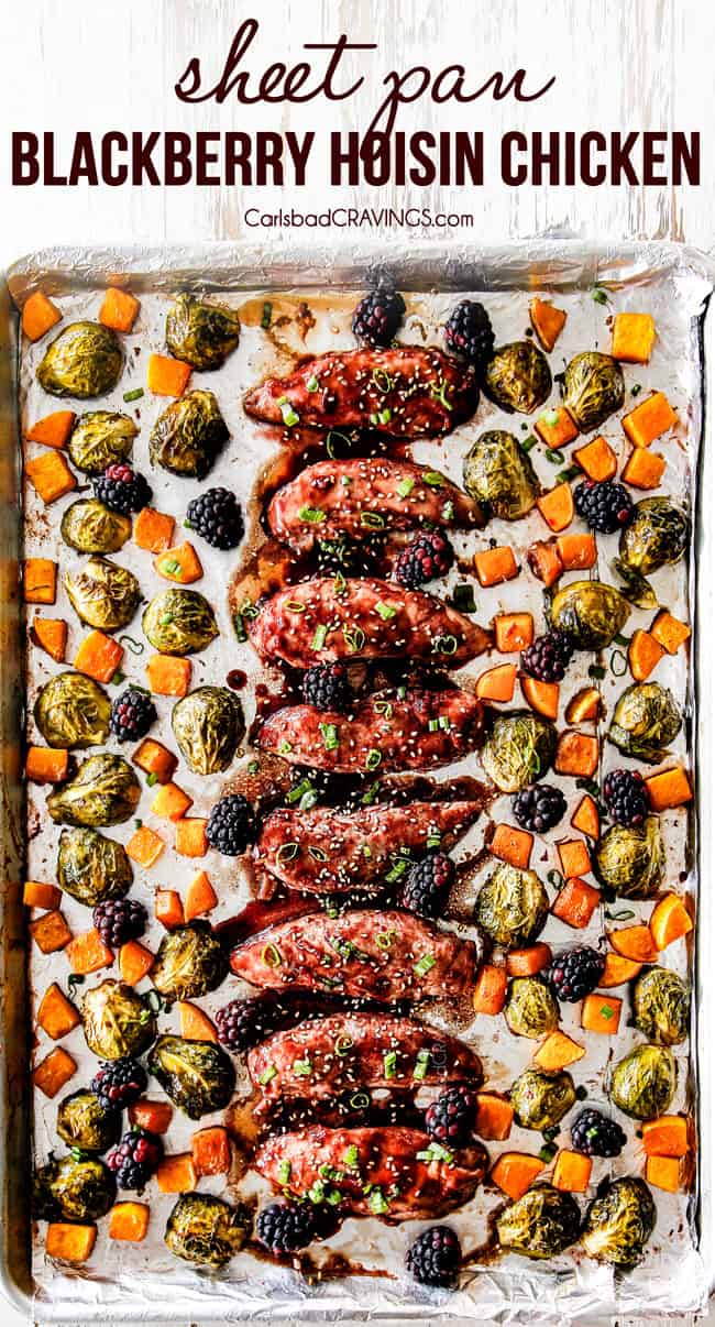 top view of hoisin chicken on a sheet pan with butternut squash and brussels sprouts