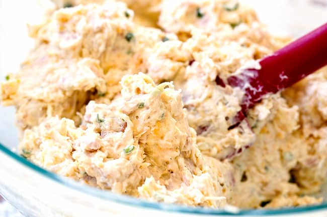 showing how to make Pineapple Cheese Ball by mixing cream cheese, pineapple, sharp cheddar cheese, coconut, ham and green onions until well blended in a mixing bowl