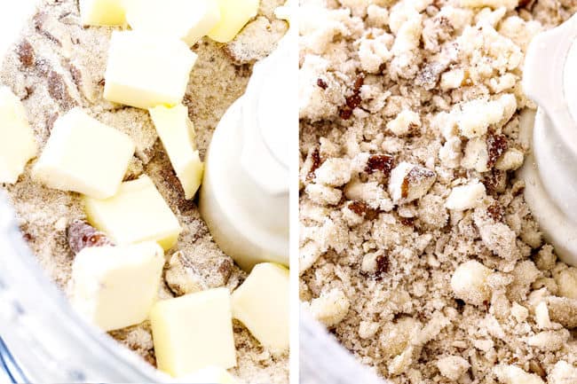 showing how to make pumpkin muffins from scratch by making pecan streusel