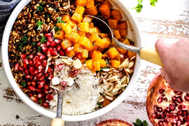 showing how to make basic wild rice recipe by adding ingredients to a white bowl