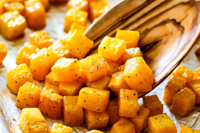 showing how to make healthy wild rice recipe by roasting butternut squash