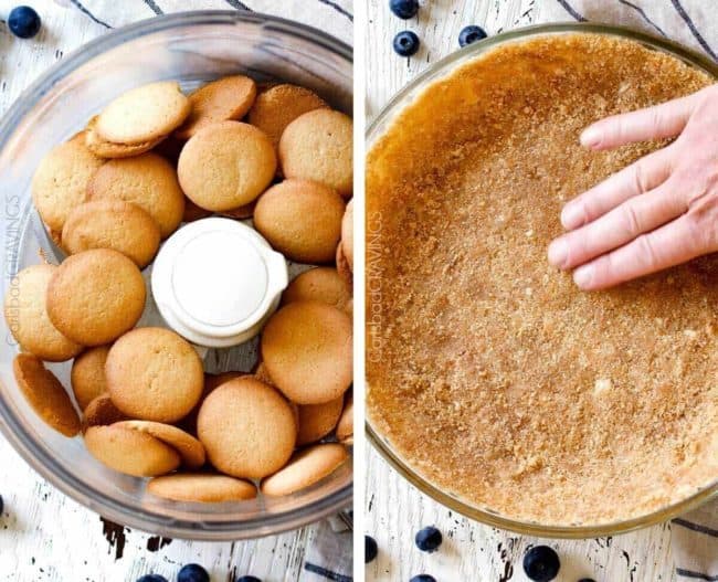 showing how to make blueberry cheesecake by pushing crust into the bottom of the pan