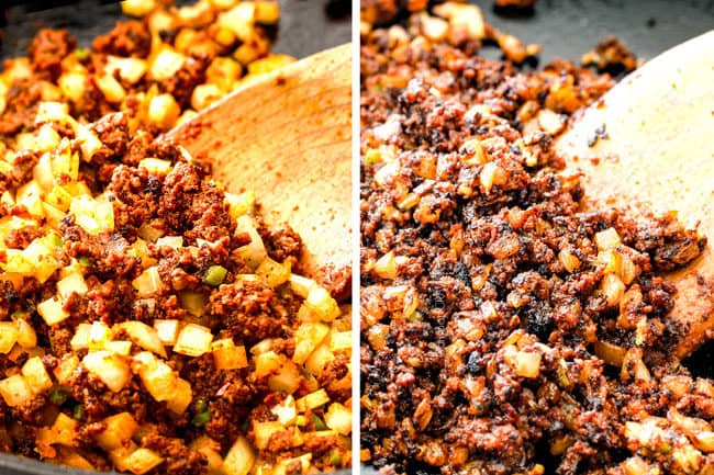 showing how to make queso fundido by by browning onions with chorizo in a skillet