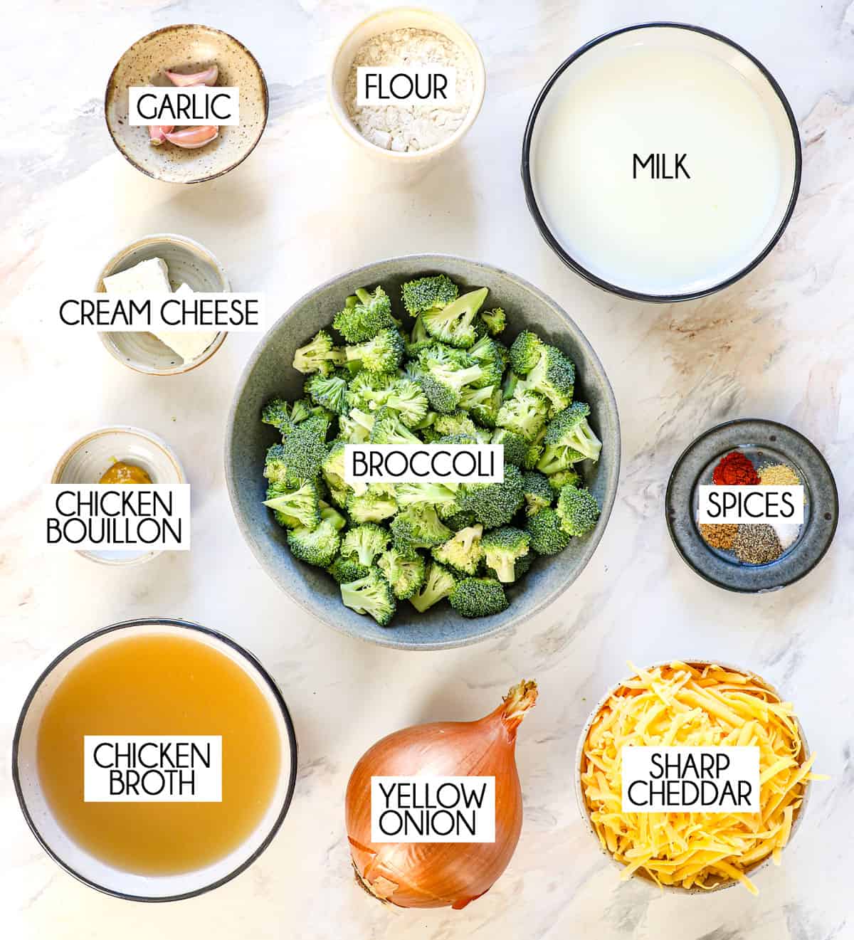 top view of ingredients for broccoli and cheese soup: broccoli florets, sharp cheddar cheese, onion, garlic, cream cheese, milk, chicken broth and spices