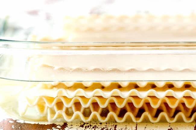 showing how to make lasagna by soaking lasagna noodles