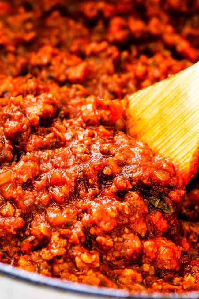 up close of homemade meat sauce for the best lasagna
