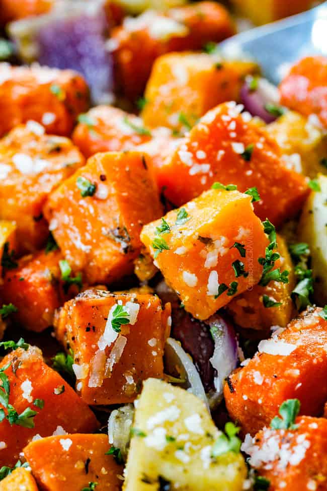 up close of oven roasted root vegetables with Parmesan and parsley