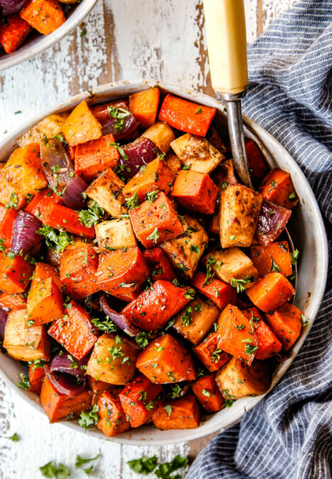 top view of balsamic roasted root vegetables