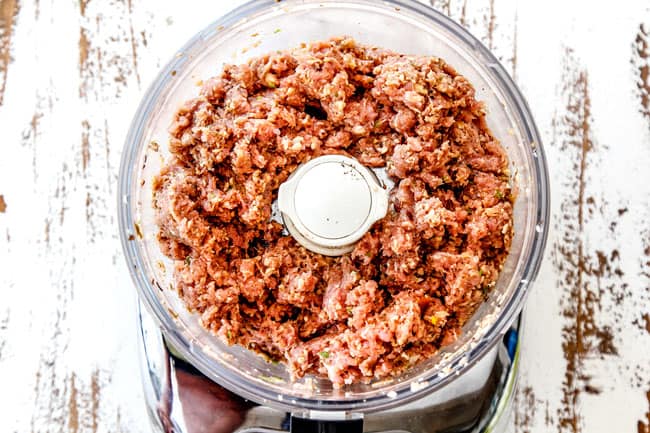 showing how to make wonton filling for Wonton Soup by mixing ground pork, eggs, ginger, sesame oil, garlic green onions, mushrooms, soy sauce together