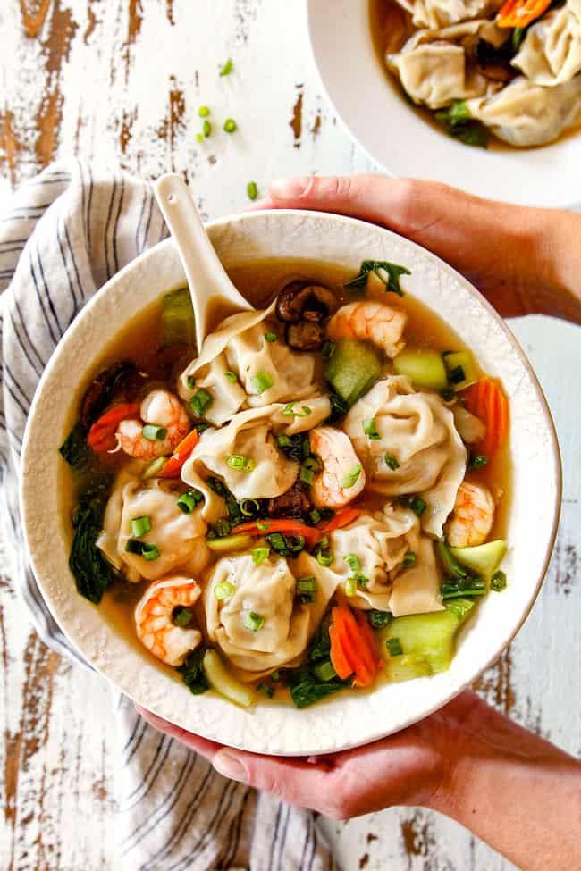 top view of homemade wonton soup recipe