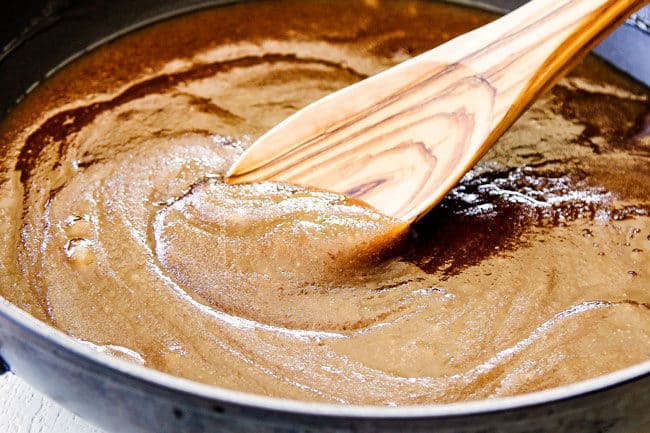 showing how to make caramel popcorn by mixing caramel sauce ingredients together until smooth