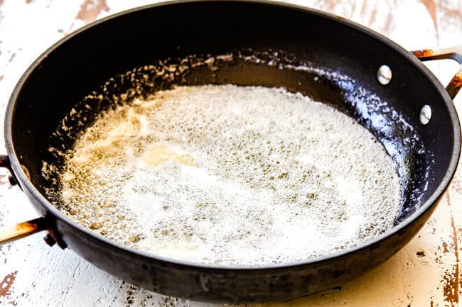 showing how to make caramel popcorn by melting butter in a saucepan for caramel sauce