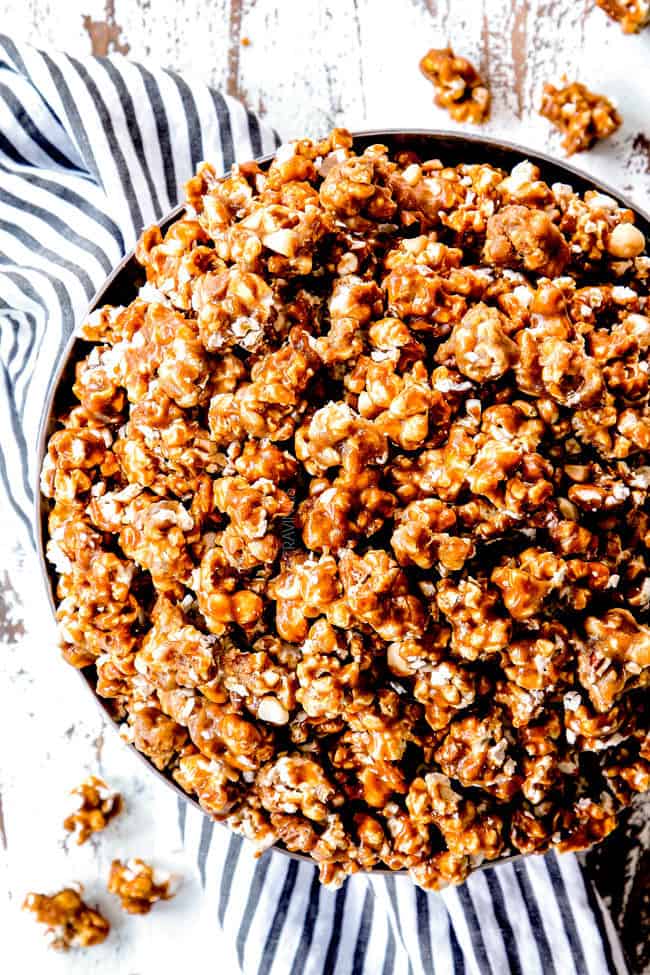 top view of quick caramel popcorn recipe in a large bowl