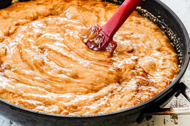 showing how to make caramel corn by stirring caramel sauce ingredients together